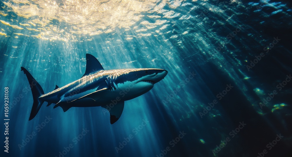 Fototapeta premium A great white shark gliding gracefully through sunlit ocean depths in vibrant blue waters