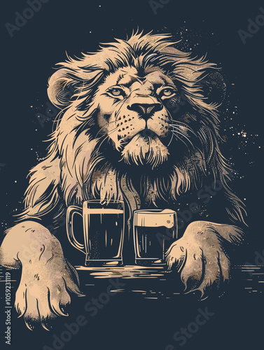 Lion is sitting on a bar with two cups of beer in front of it. The lion appears to be enjoying a drink, and the scene gives off a relaxed and laid-back vibe