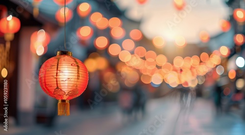 Red Lantern Hanging In City Street At Sunset