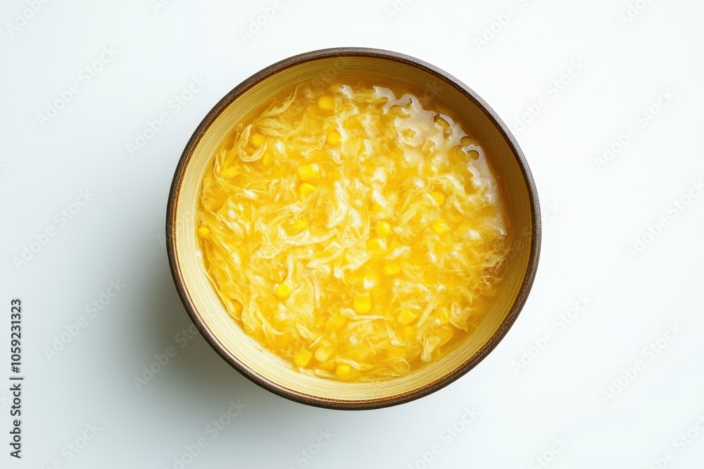 Corn soup hailing from China commonly a starter in Cantonese dining displayed against a white backdrop Egg drop corn soup is tasty and nutritious Corn soup hailing from China commonly a starter in Cantonese dining displayed against a white backdrop Egg drop corn soup is tasty and nutritious