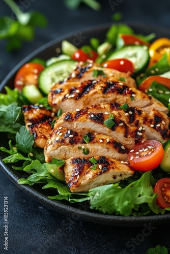 Grilled chicken salad with fresh vegetables and herbs on a dark textured back...