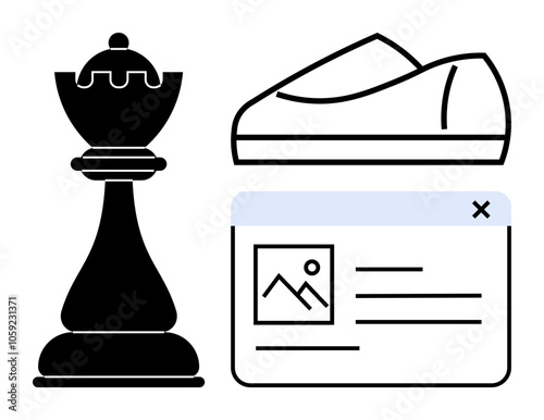 Chess king piece, casual shoe, and web page icon suggesting themes of strategic thinking, fashion, and digital communication. Ideal for strategy, fashion, e-commerce, online presence, digital