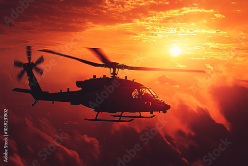 modern helicopter in orange sunset sky photo