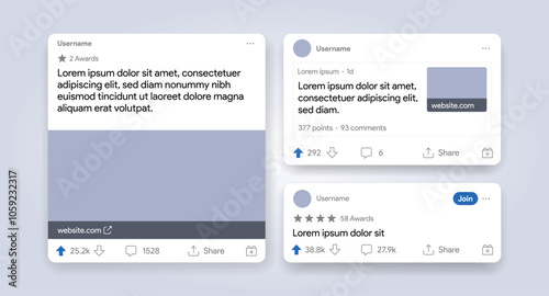 Kyiv, Ukraine - 11.01.2024: Reddit post template. Red app interface. Blog publication template. Upvote, downvote, comment, share, awards mockup. Blogging social media layout. Vector illustration.