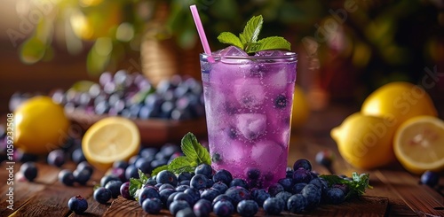 Refreshing Blueberry Lemonade Drink With Lemons and Ice in Plastic Cup