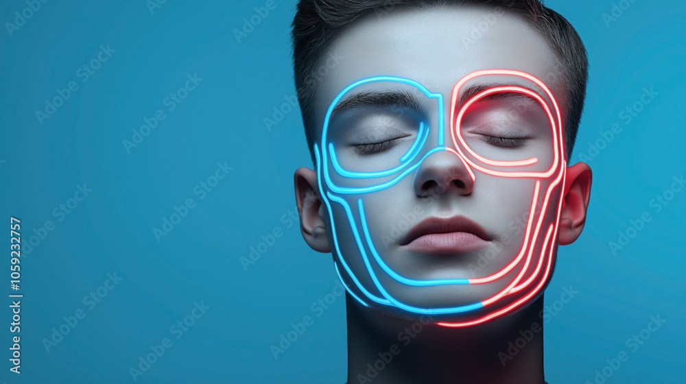 Close-up portrait of a person with closed eyes, wearing blue and red neon light lines across their face against a blue background, creating a futuristic and artistic visual effect. Close-up portrait of a person with closed eyes, wearing blue and red neon light lines across their face against a blue background, creating a futuristic and artistic visual effect.