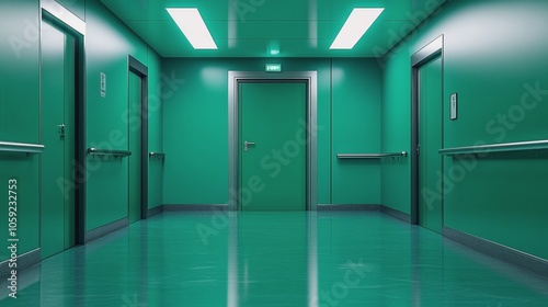 A long hallway with teal walls and a green door in an apartment building