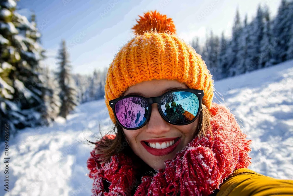 A person taking a selfie in the snow, wearing a bright beanie and sunglasses, winter landscape background 4 A person taking a selfie in the snow, wearing a bright beanie and sunglasses, winter landscape background 4