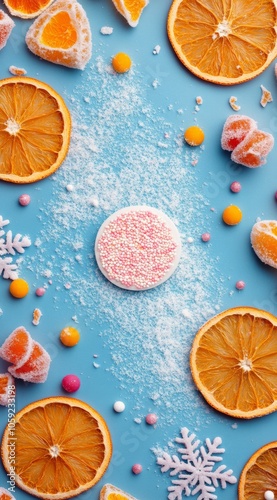 Colorful arrangement of dried oranges and candies on a blue background with p...