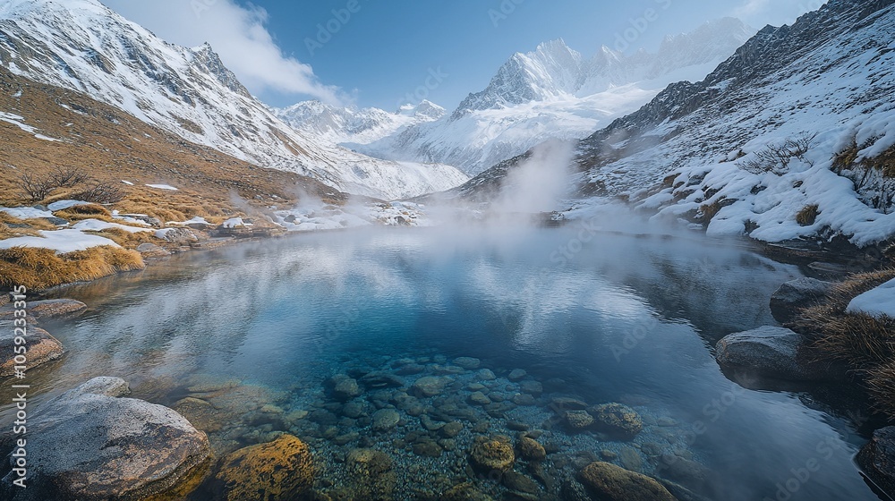 Obraz premium Hot Spring in Mountain Valley with Steam and Snow-Covered Peaks