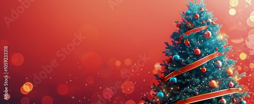 Decorated Christmas Tree With Red Background and Golden Lights