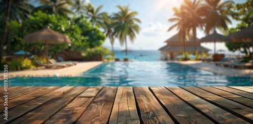 Wooden Deck Overlooking Pool With Tropical Lush Greenery