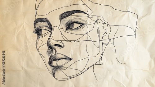 Wallpaper Mural A minimalist line drawing of a woman's face, featuring geometric shapes and patterns on a textured background. Torontodigital.ca