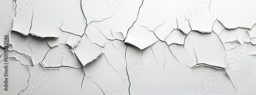 Cracked surface revealing texture and patterns on a dry, white wall in bright...