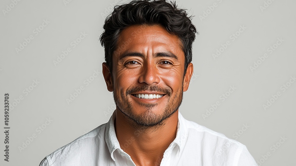 Realistic portrait of a South American man, aged 45, smiling confidently, isolated on a clean white background, capturing his self-assuredness and happiness. High resolution Illustration, in the Realistic portrait of a South American man, aged 45, smiling confidently, isolated on a clean white background, capturing his self-assuredness and happiness. High resolution Illustration, in the