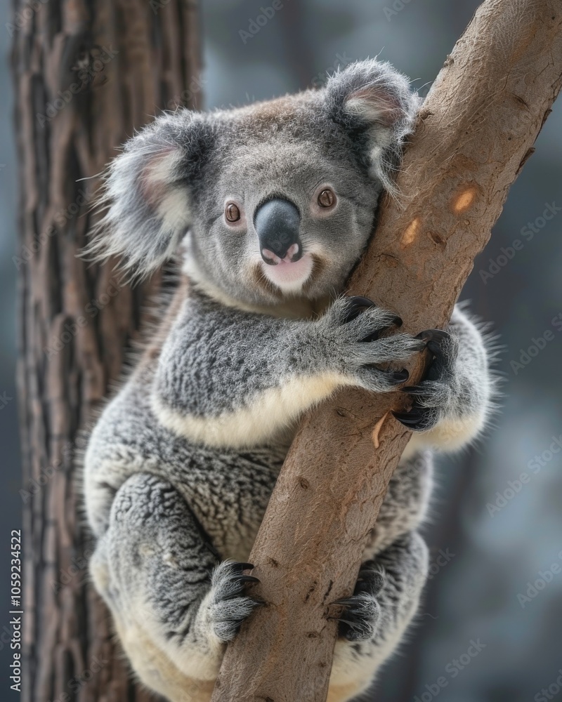 Fototapeta premium Koala Gripping a Tree Trunk in an Australian Forest