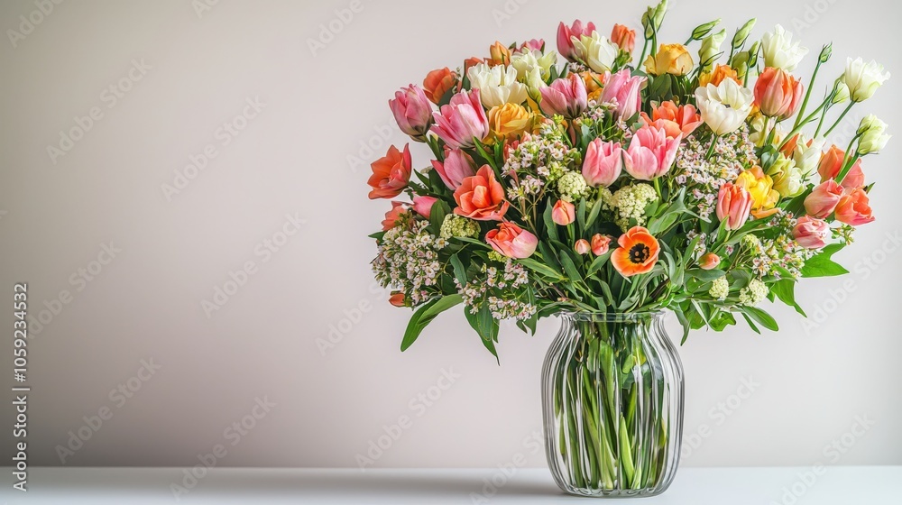 A vibrant bouquet of colorful flowers in a clear glass vase, elegantly arranged against a soft background, perfect for home decor or gifts. A vibrant bouquet of colorful flowers in a clear glass vase, elegantly arranged against a soft background, perfect for home decor or gifts.
