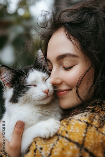 Woman embraces her black and white cat in the snowy landscape during winter