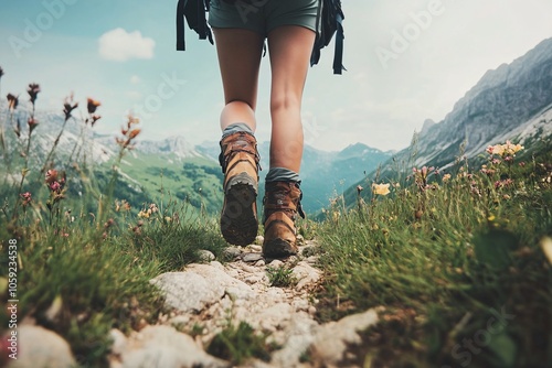 A person hiking in the mountains, wearing a backpack and hiking boots, surrounded by scenic landscapes and clear skies 5