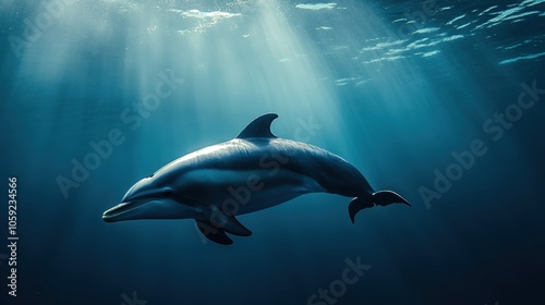 Elegant Pacific White-Sided Dolphin Swimming Through Sunbeams Underwater