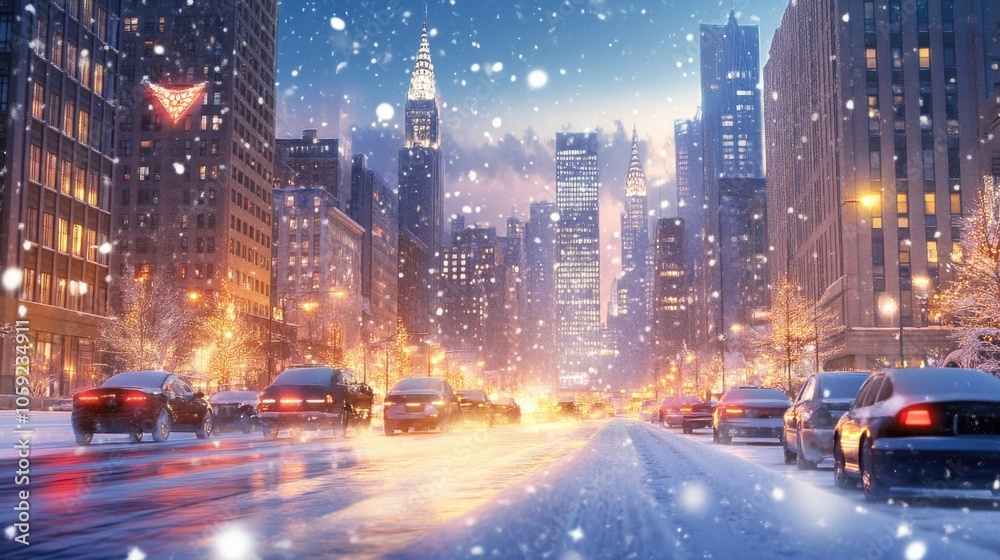 Xmas festive evening snow-covered city on the eve of Christmas and the new year. Cars in unfocused driving through the winter city decorated with garlands Xmas festive evening snow-covered city on the eve of Christmas and the new year. Cars in unfocused driving through the winter city decorated with garlands