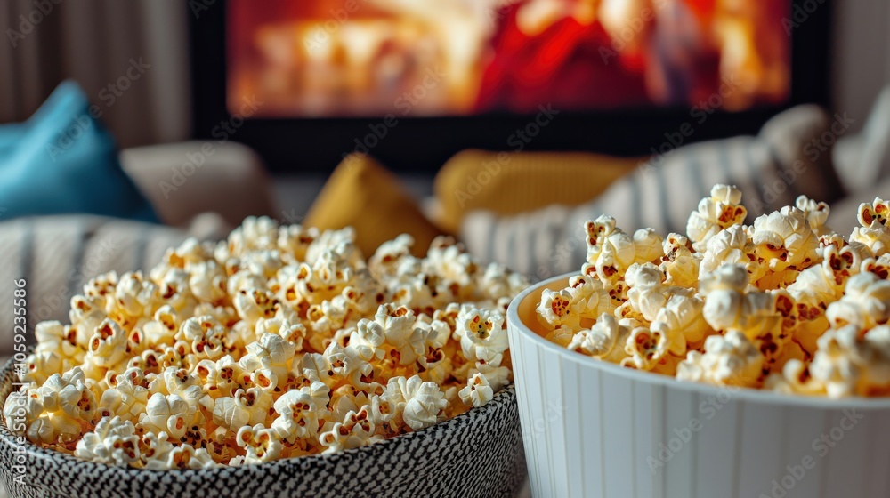 Close-up of two bowls of popcorn on a cozy sofa, with a blurred TV screen in the background, perfect for home movie night. Close-up of two bowls of popcorn on a cozy sofa, with a blurred TV screen in the background, perfect for home movie night.
