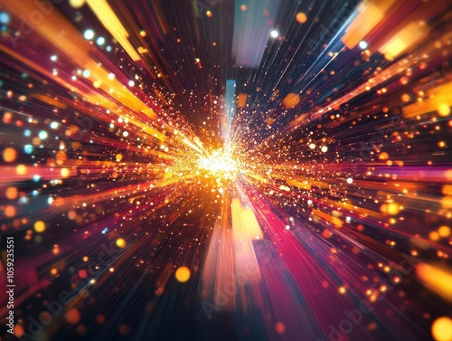 Abstract Background with Bright Light Burst, Glowing Rays, and Colorful Bokeh