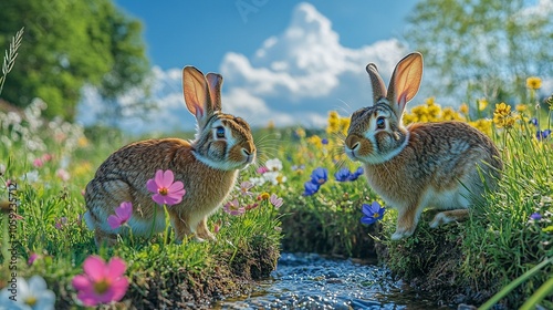 Rabbits in Meadow Eating Wildflowers by a Gentle Brook photo