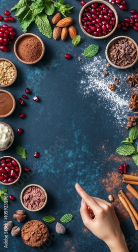 Gathering ingredients for a creative dessert on a vibrant blue background in ...