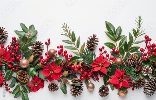 Festive Christmas Decorations With Red Poinsettia, Holly Berries, Pine Cones,...