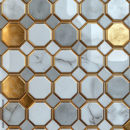 Modern geometric pattern of hexagonal tiles with metallic accents on a textur...