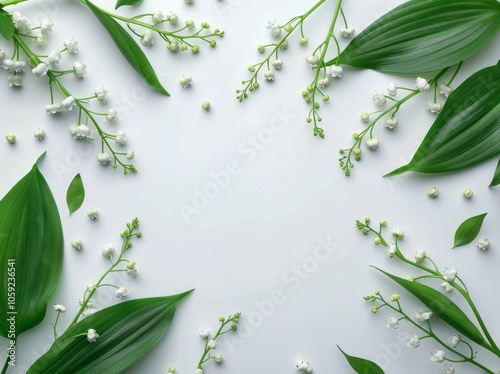 Fresh Lily Of The Valley Flowers And Green Leaves On White Background