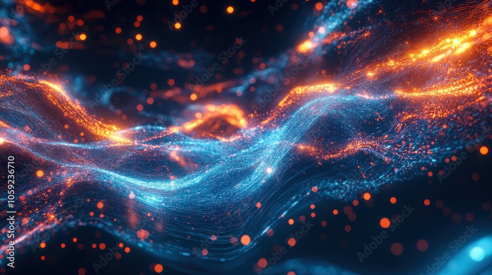 Abstract Blue and Orange Digital Wave Background with Glowing Particles and Bokeh Effect. Abstract Blue and Orange Digital Wave Background with Glowing Particles and Bokeh Effect.
