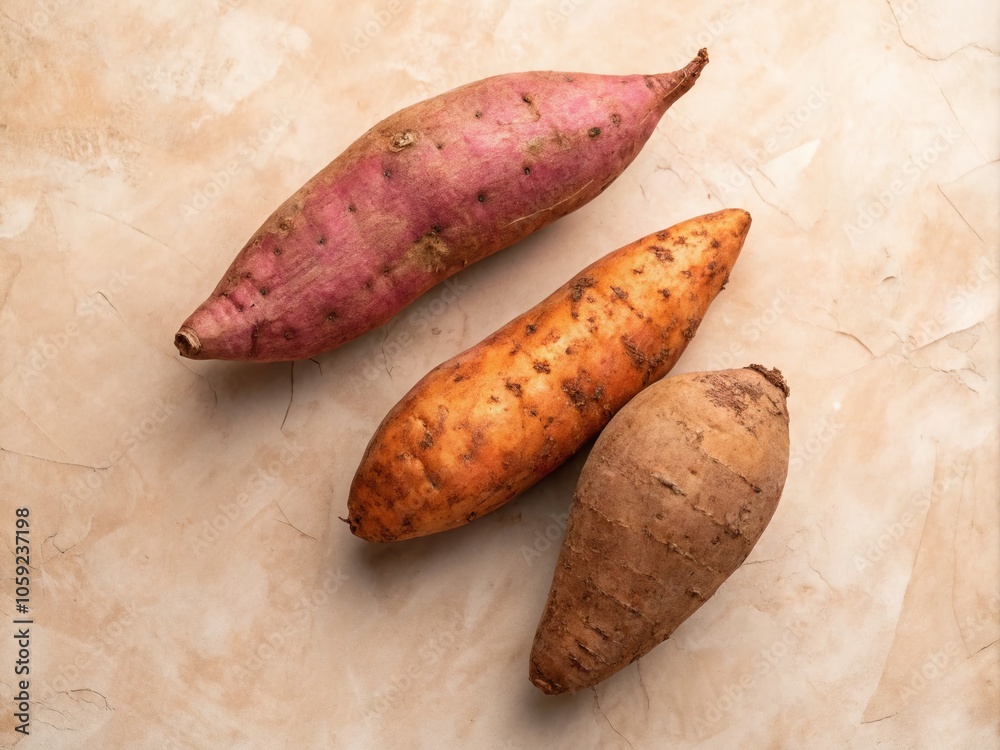 Aerial Photography of Sweet Potato Trio on Beige Background for Culinary Inspiration Aerial Photography of Sweet Potato Trio on Beige Background for Culinary Inspiration
