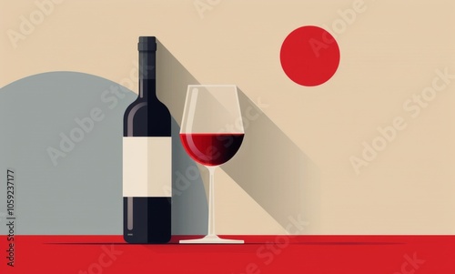 Red Wine Bottle and Glass on Table