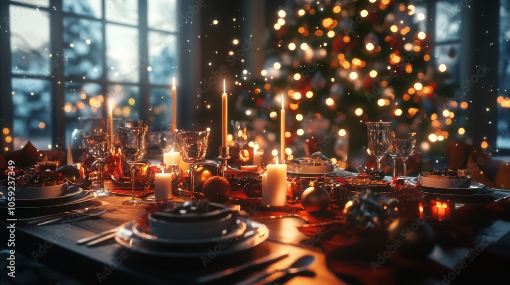 Fototapeta premium Festive Christmas Dinner Table Setting with Candles, Decorations, and a Blurred Christmas Tree in the Background.