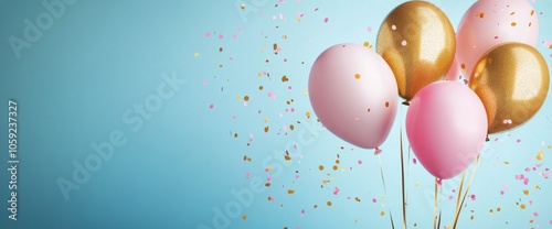 Colorful balloons and confetti filling the air at a festive celebration with ...