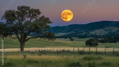 Full moon illuminating a tranquil landscape at dusk in a rural area