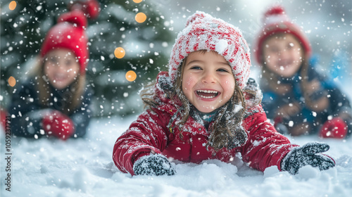 Children playing in the snow with a Christmas tree in the background