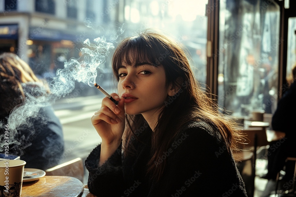 Woman smoking a cigarette, sitting at a café, morning light, relaxed, front angle 3 Woman smoking a cigarette, sitting at a café, morning light, relaxed, front angle 3