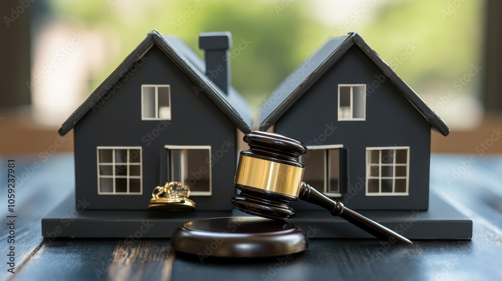 Gavel and Two Miniature Houses on a Wooden Table Gavel and Two Miniature Houses on a Wooden Table