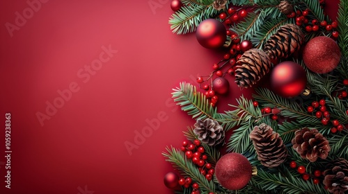 Red Christmas Ornaments and Pine Branch on Red Background