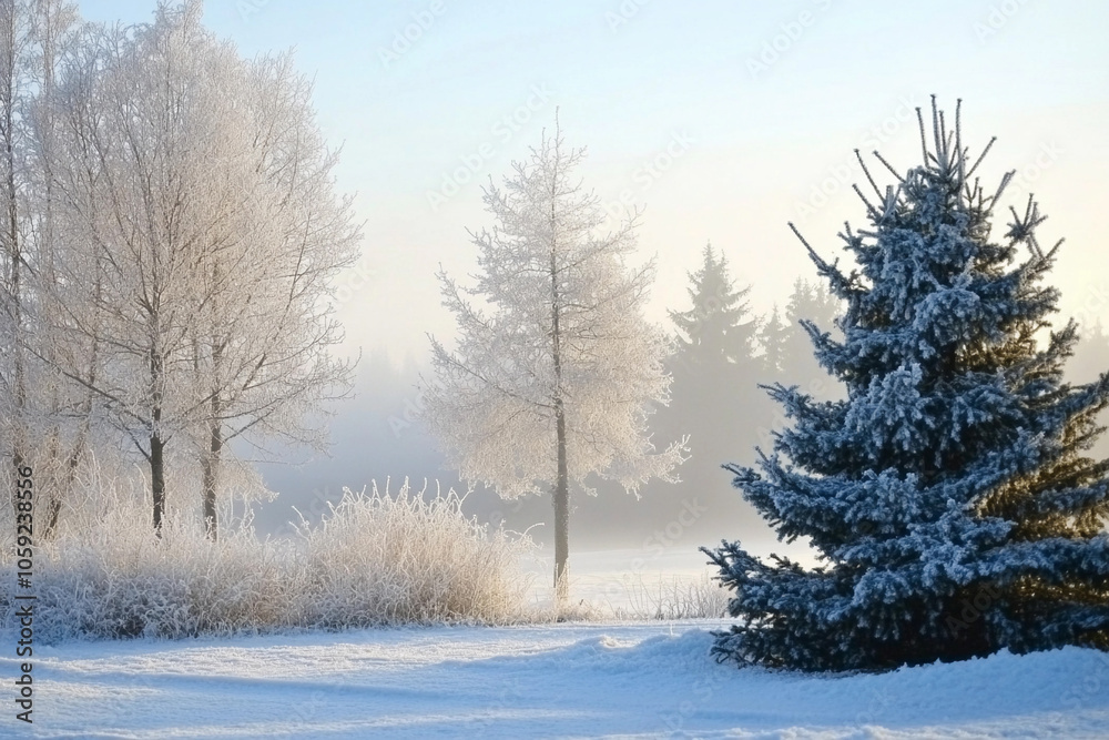 Frosty winter landscape with trees and mist at sunrise