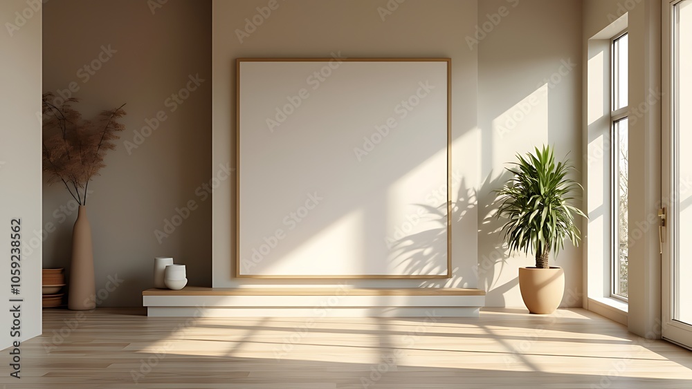 Fototapeta premium Minimalist Sunlit Interior with Decorative Vases and Soft Shadows,Elegant Minimalist Interior Design with Natural Light, Decorative Vases, and Dried Botanical Accents.
