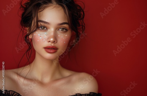 Young Woman With Glitter Makeup Against Red Background