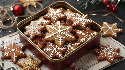 A tin of decorated gingerbread cookies, snowflakes and stars 