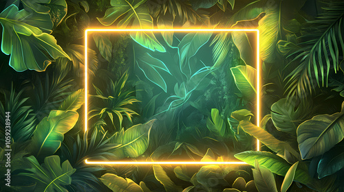 Fototapeta Naklejka Na Ścianę i Meble -  An intricate neon frame encloses a wild jungle filled with lush foliage, creating a striking contrast between the natural and the artificial. Artificial Jungle. Illustration