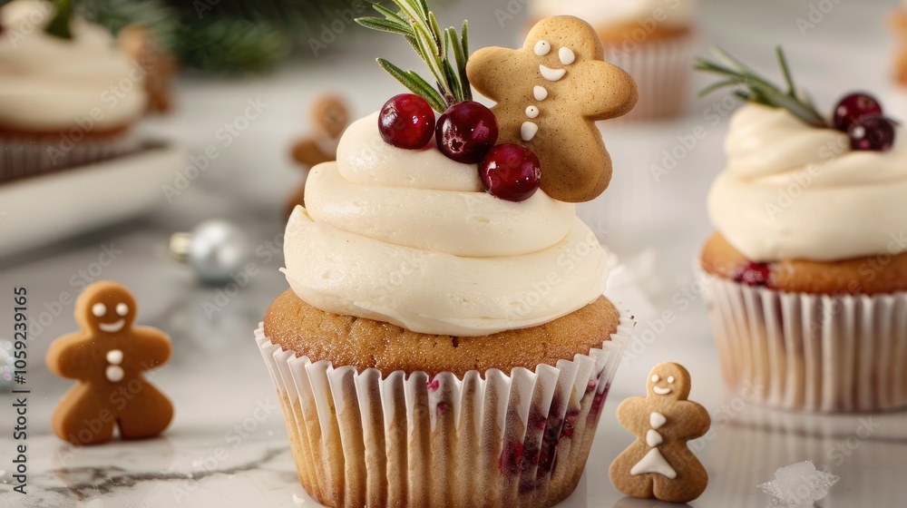 A cupcake with cream cheese frosting, decorated A cupcake with cream cheese frosting, decorated