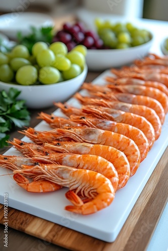Freshly cooked shrimp served with grapes and herbs on a white platter