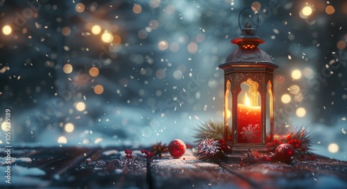 Lantern Glowing In Snowy Winter Forest